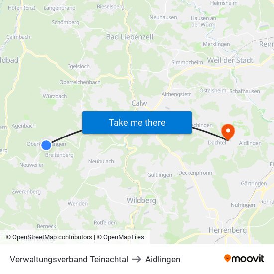 Verwaltungsverband Teinachtal to Aidlingen map