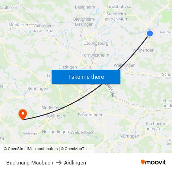 Backnang-Maubach to Aidlingen map