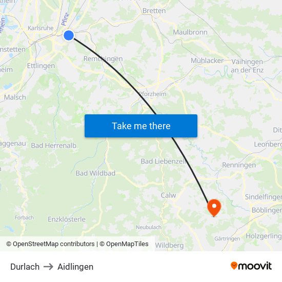 Durlach to Aidlingen map