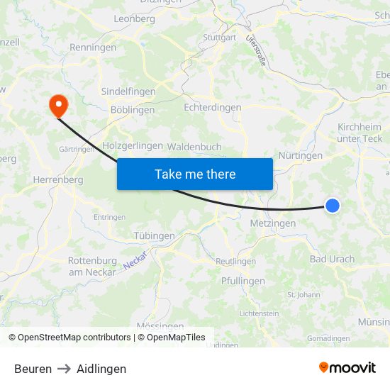 Beuren to Aidlingen map