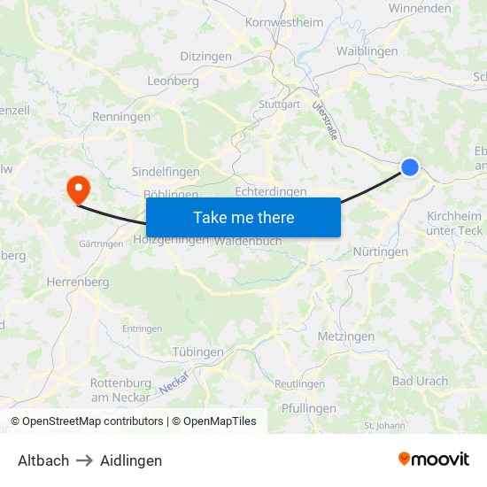 Altbach to Aidlingen map