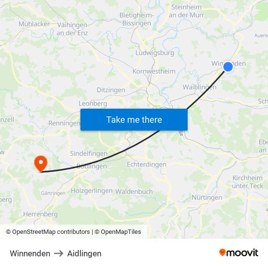Winnenden to Aidlingen map