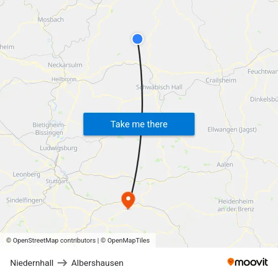 Niedernhall to Albershausen map