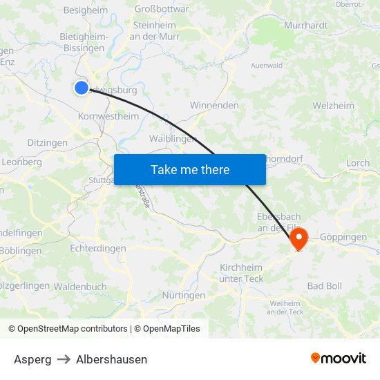Asperg to Albershausen map