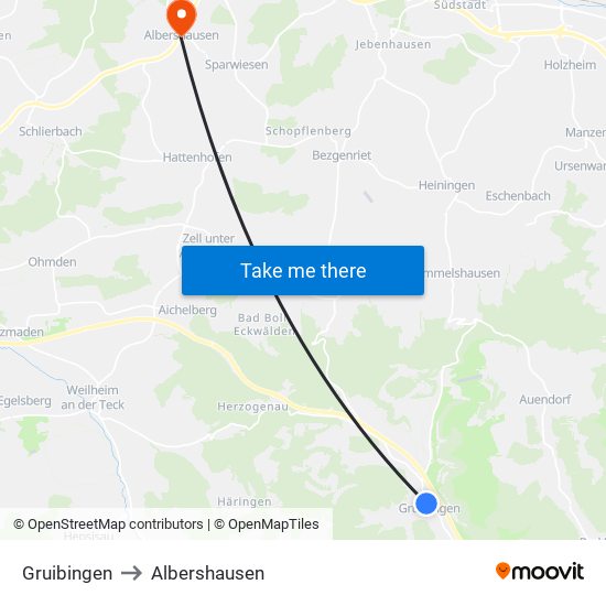Gruibingen to Albershausen map
