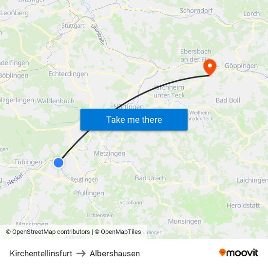 Kirchentellinsfurt to Albershausen map