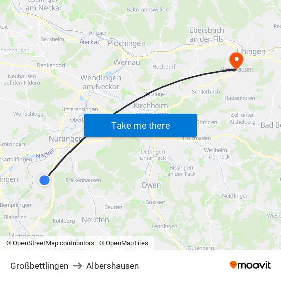 Großbettlingen to Albershausen map
