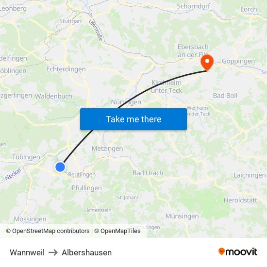 Wannweil to Albershausen map