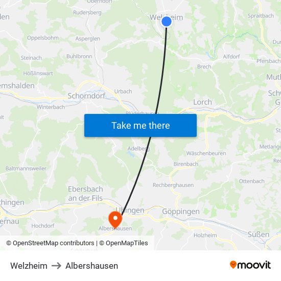 Welzheim to Albershausen map