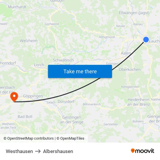 Westhausen to Albershausen map
