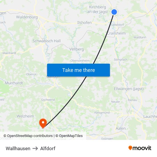 Wallhausen to Alfdorf map
