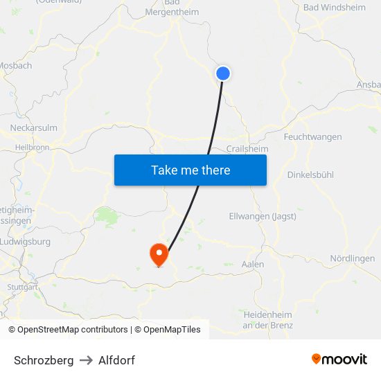 Schrozberg to Alfdorf map