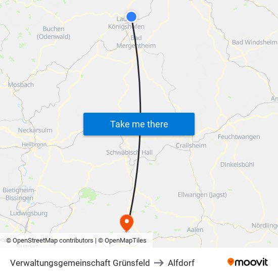 Verwaltungsgemeinschaft Grünsfeld to Alfdorf map