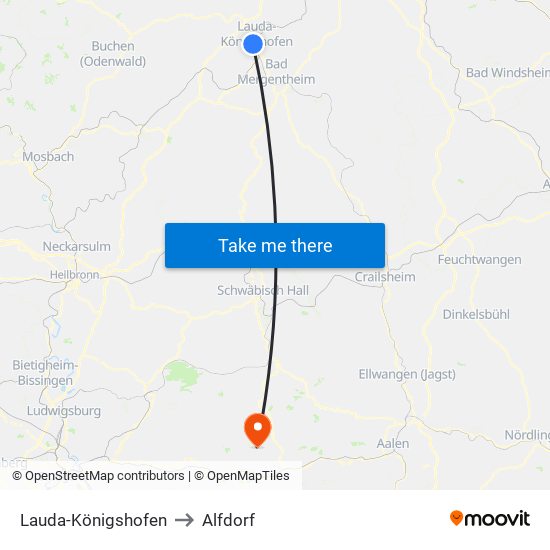Lauda-Königshofen to Alfdorf map