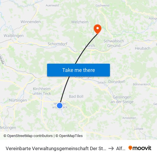 Vereinbarte Verwaltungsgemeinschaft Der Stadt Weilheim An Der Teck to Alfdorf map
