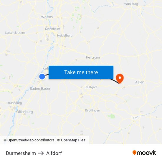 Durmersheim to Alfdorf map