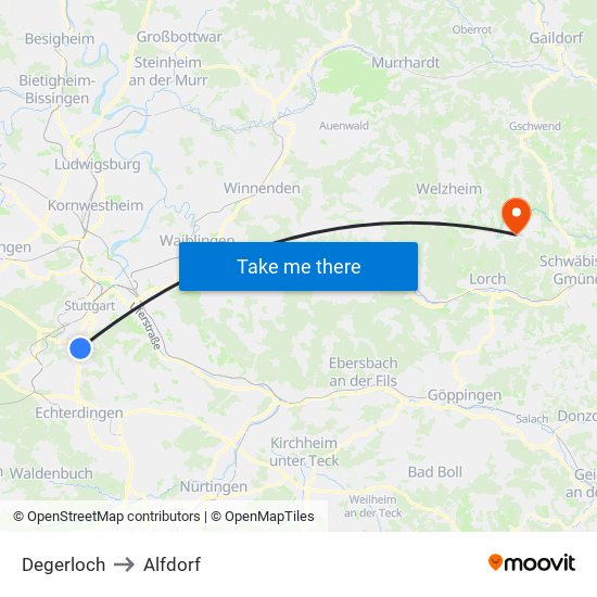 Degerloch to Alfdorf map