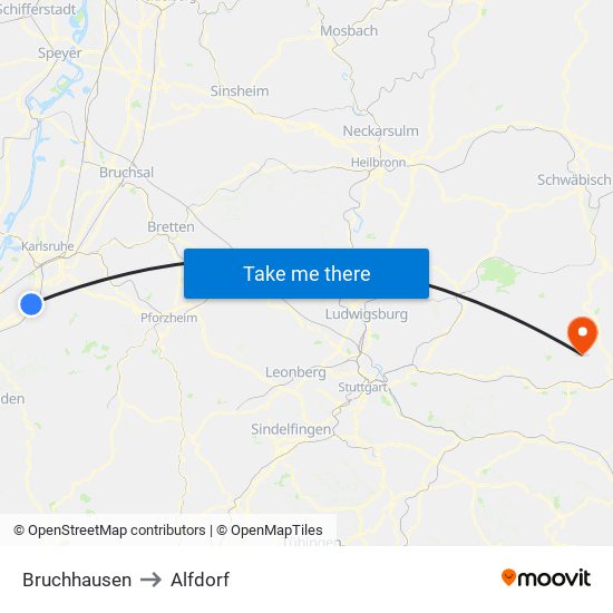 Bruchhausen to Alfdorf map