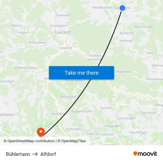 Bühlertann to Alfdorf map