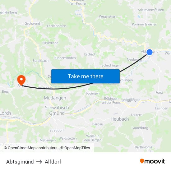 Abtsgmünd to Alfdorf map
