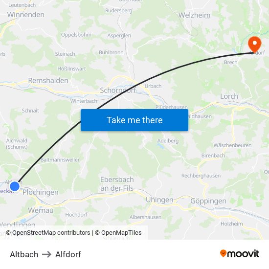 Altbach to Alfdorf map