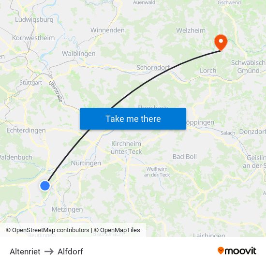 Altenriet to Alfdorf map