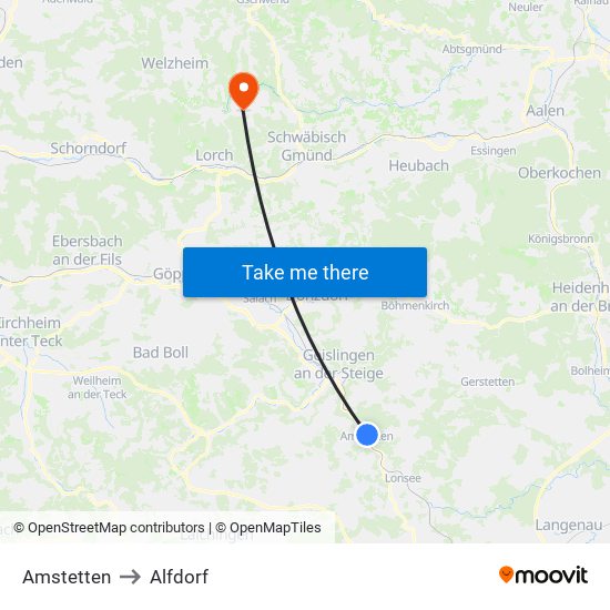 Amstetten to Alfdorf map