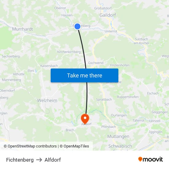 Fichtenberg to Alfdorf map
