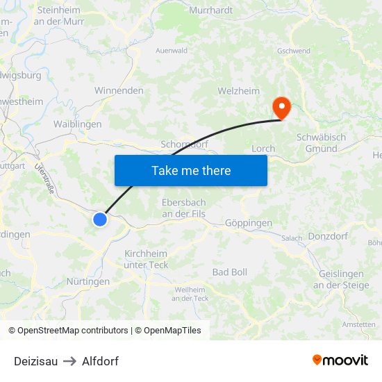 Deizisau to Alfdorf map