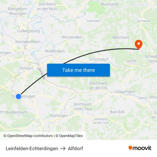 Leinfelden-Echterdingen to Alfdorf map