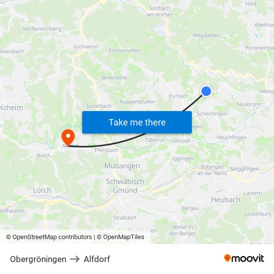 Obergröningen to Alfdorf map