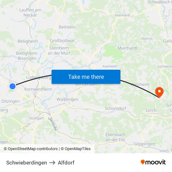 Schwieberdingen to Alfdorf map