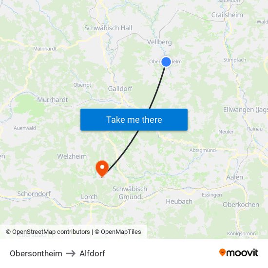 Obersontheim to Alfdorf map