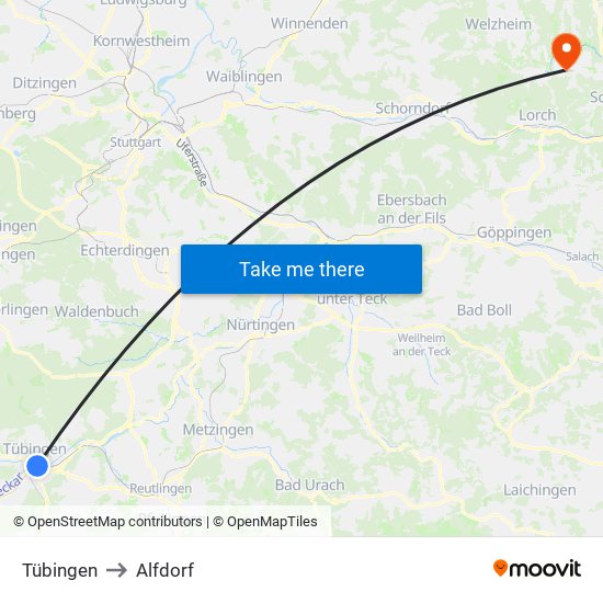 Tübingen to Alfdorf map