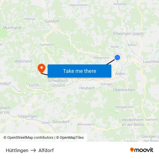 Hüttlingen to Alfdorf map