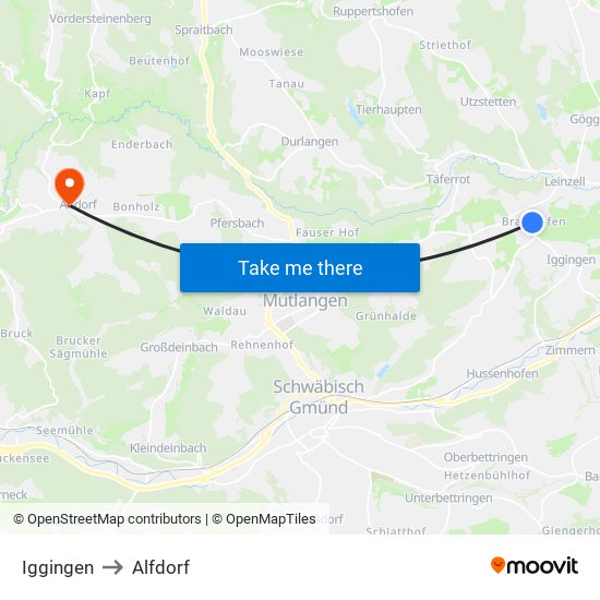 Iggingen to Alfdorf map
