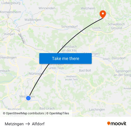 Metzingen to Alfdorf map