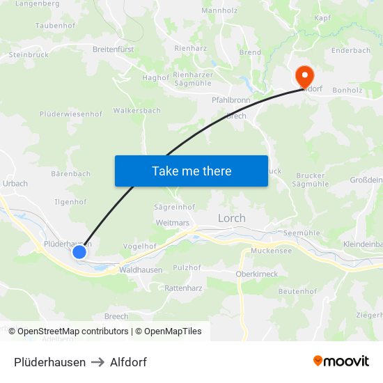Plüderhausen to Alfdorf map