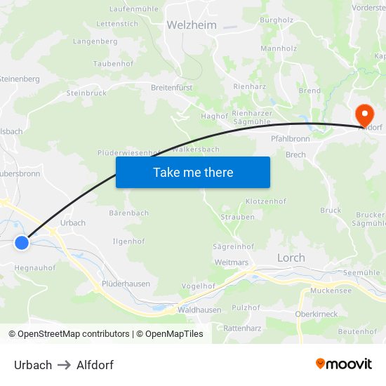 Urbach to Alfdorf map