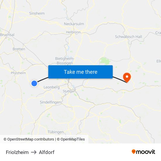 Friolzheim to Alfdorf map