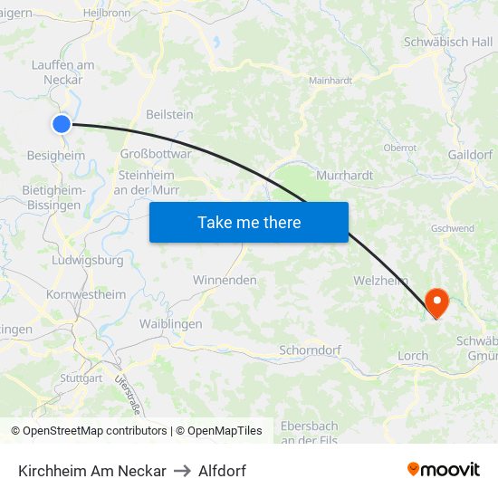 Kirchheim Am Neckar to Alfdorf map