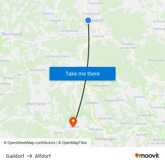 Gaildorf to Alfdorf map