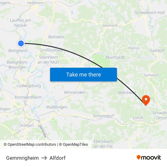 Gemmrigheim to Alfdorf map