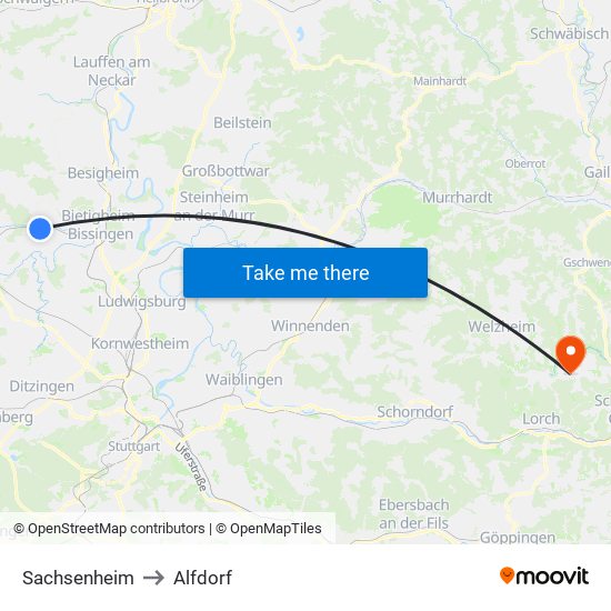 Sachsenheim to Alfdorf map