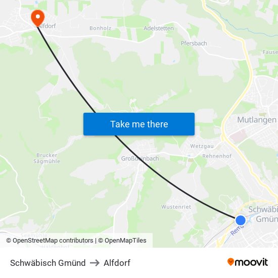 Schwäbisch Gmünd to Alfdorf map