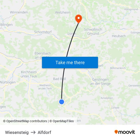 Wiesensteig to Alfdorf map
