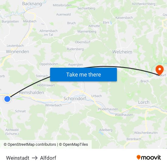Weinstadt to Alfdorf map