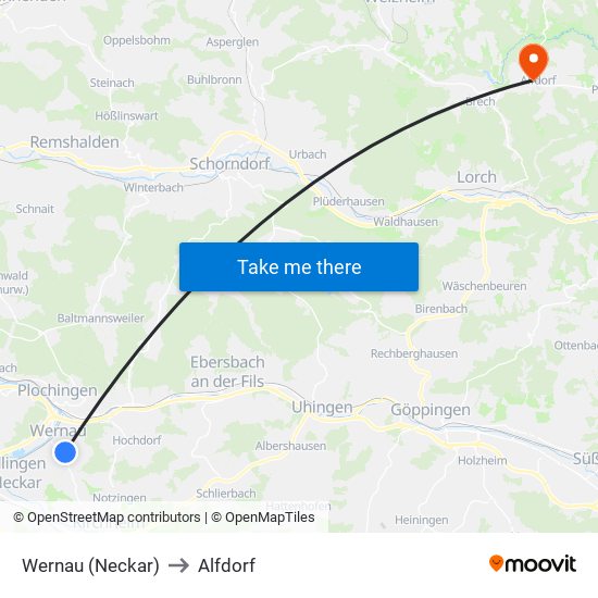 Wernau (Neckar) to Alfdorf map