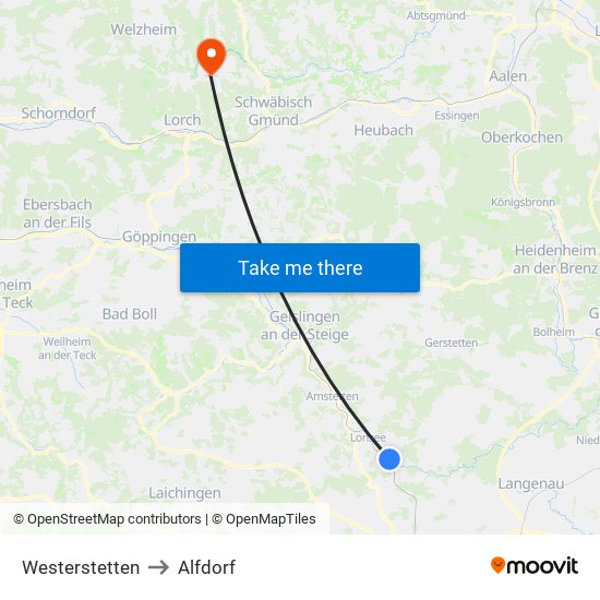Westerstetten to Alfdorf map