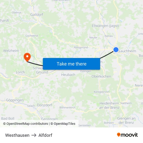 Westhausen to Alfdorf map